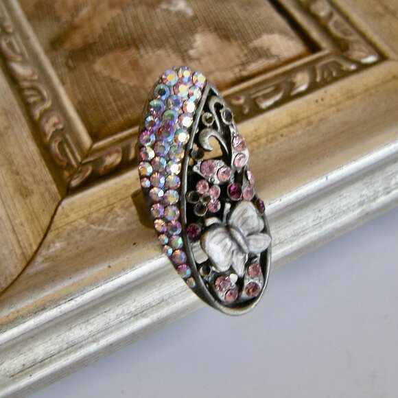 Adjustable Pink Rhinestone Butterfly Ring Vintage Inspired - Picture 5 of 5